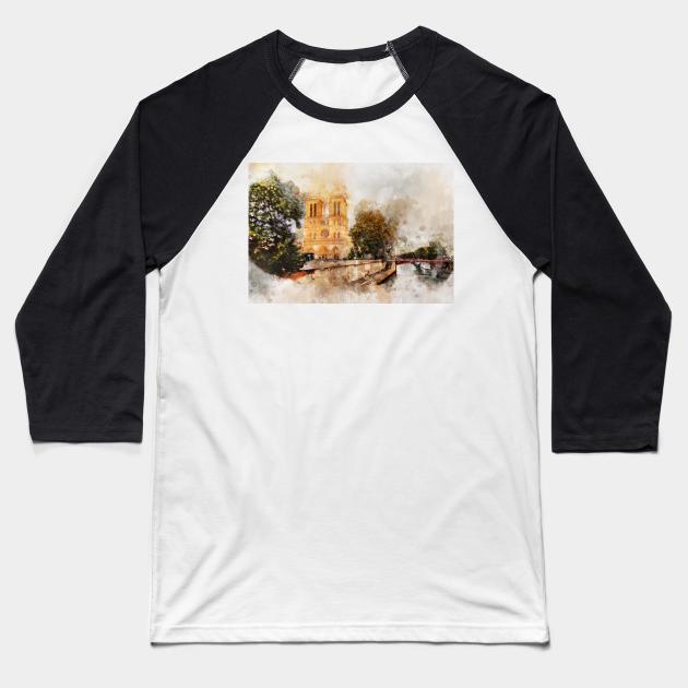 Notre-Dame de Paris Watercolor 03 Baseball T-Shirt by SPJE Illustration Photography